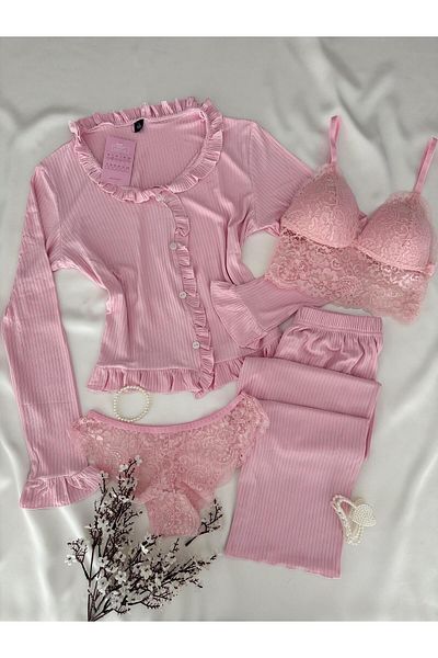 MH Moony Homewears 4-Piece Zsa Zsa Long Sleeve Ribbed Pajamas Underwear Set