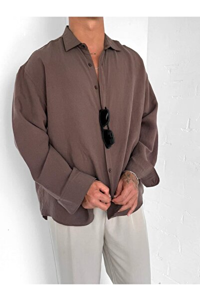 ablukaonline Ανδρικό Premium ριγέ μακρυμάνικο πουκάμισο Oversize καφέ