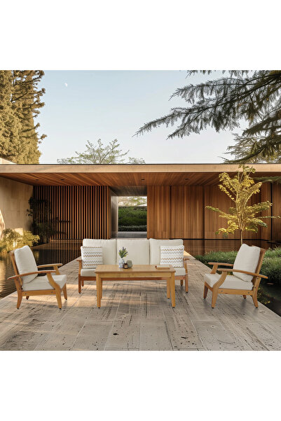 YASÜ Natural Krem Ahşap Balkon Bahçe Takım Mobilya Oturma Grubu Masa Berjer Sünger Minder Sandalye 311s