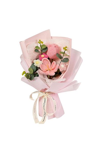 Choice Pink Crochet Tulip Flower Bouquet Decoration Completed Handmade Knitted Bouquet for Mothers Day Gift