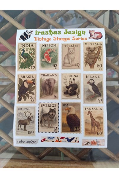Hayvan Temalı Vintage Pul Sticker – A5 / 2 Adet | Su Geçirmez Şeffaf | Kedi, animal
