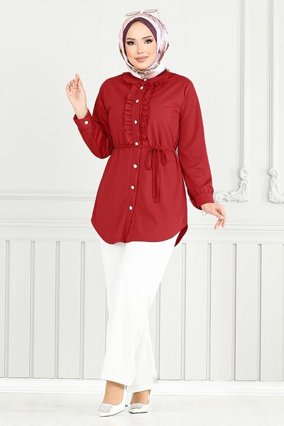ModaMerve Front Buttoned Hijab Suit Red & Ecru