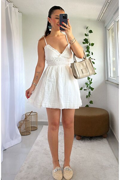 eBaa fashıon KETEN KUMAŞ LASTİK DETAYLI AYARLANABİLİR ASKILI MİNİ ELBİSE