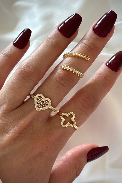 Leo'Stone New Season 3-Piece Combination Zircon Stone Clover Heart Waterway Design Multiple Adjustable Women's Ring Set