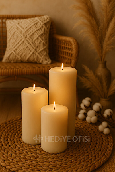 hediyeofisi Silindir Beyaz Kokusuz Uzun 3lü Set Mum
