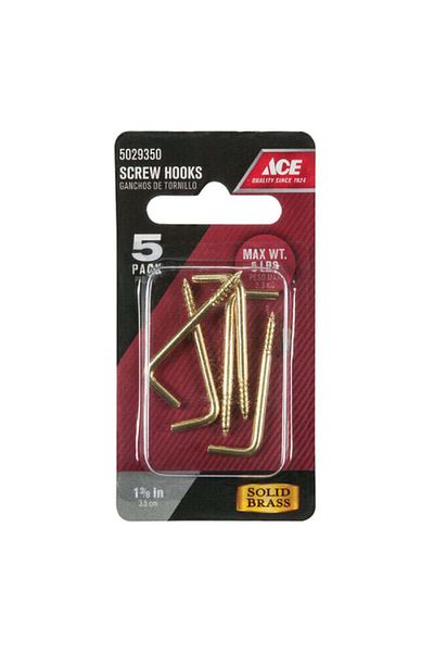 ACE 5-Piece Polished Brass Easy to Install Square Bend Screw Hook Gold 1-3/8inch