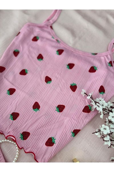 MH Moony Homewears 2-Piece Ribbed Strawberry Field Shorts Summer Pajama Set