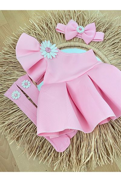 EBRU ÖZÖRGÜCÜ Girl's Pink Daisy Dress Bandana and Socks Set