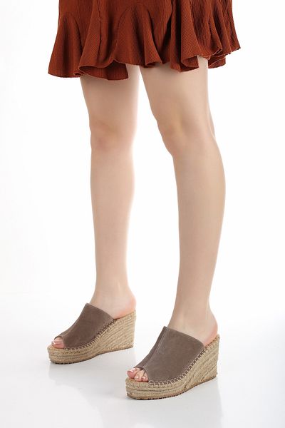 PASSAGE SHOES Women's Genuine Leather Straw Wedge Heeled Slippers 6323 Mink Suede
