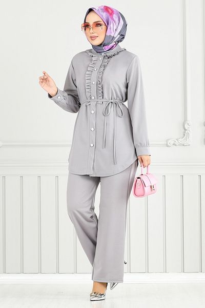ModaMerve Front Buttoned Hijab Suit 2709Ayd969-M Gray