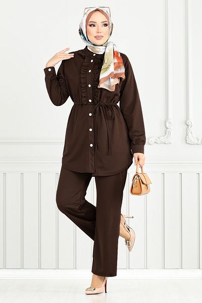 ModaMerve Front Buttoned Hijab Suit 2709Ayd969-M Brown