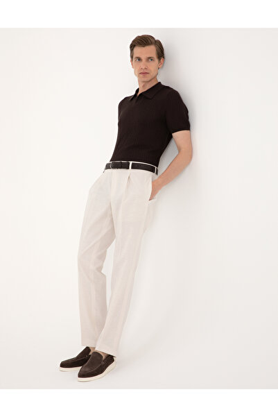 Pierre Cardin Bej Slim Fit Keten Karışımlı Pileli Kumaş Pantolon 50306776-VR011