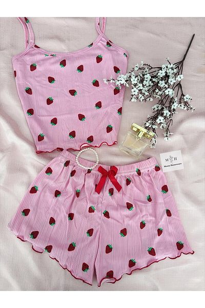 MH Moony Homewears 2-Piece Ribbed Strawberry Field Shorts Summer Pajama Set