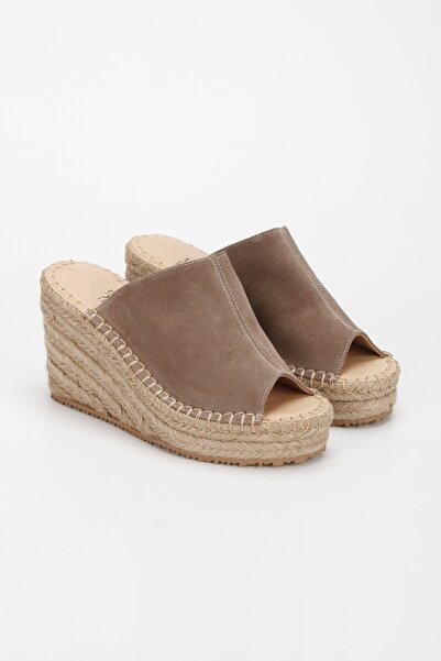 PASSAGE SHOES Women's Genuine Leather Straw Wedge Heeled Slippers 6323 Mink Suede