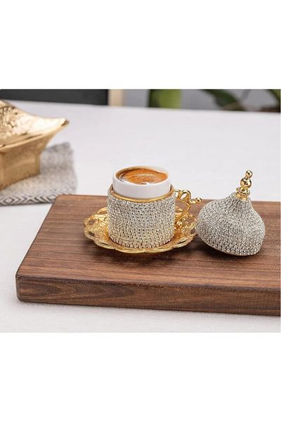 AiroBazar Coffee Set Coffee Cup 2 Person Stoned Set Turkish Coffee Cup Ottoman Style Cup with Zamak Stones