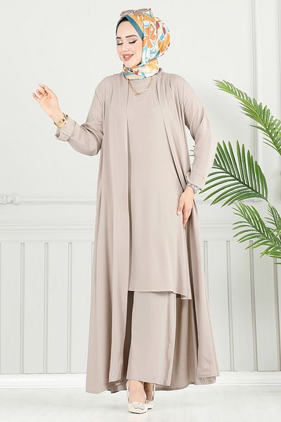 ModaMerve Crew Neck Cardigan Suit 0342Bgs895-M Stone