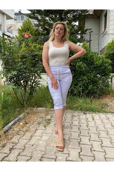 AKŞEN GİYİM Plus Size Full Lycra High Elastic Waist Lace-Up 4 Pocket Bermuda Thin Cotton Linen Capri