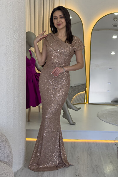 thezkscom Kadın Asimetrik Yaka Pul Payet Büyük Beden Balık Abiye Elbise Vizon...