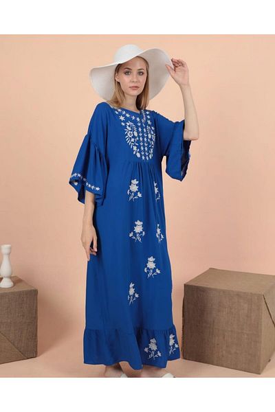 EL jadida Women's Embroidered Plus Size Long Viscose Dress White