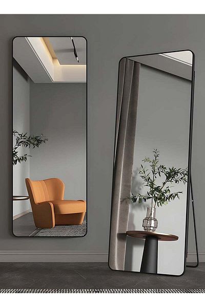 Taimi Full Length Mirror with Aluminum Frame and Metal Stand - 150 x 40 cm - Black