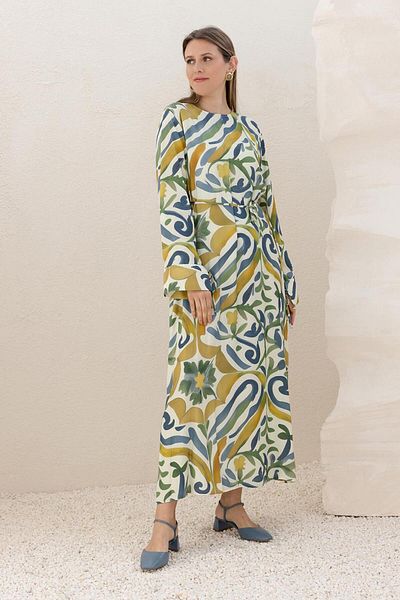 ALLDAY Green-Blue-Waist Tie Patterned Dress