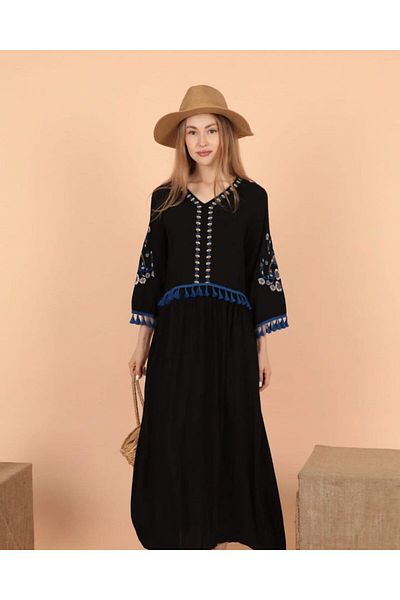EL jadida Women's Embroidered Tassel Plus Size Long Viscose Dress White