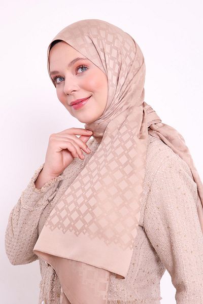 Bijutek Levidor milky coffee baklava pattern blue jacquard shawl