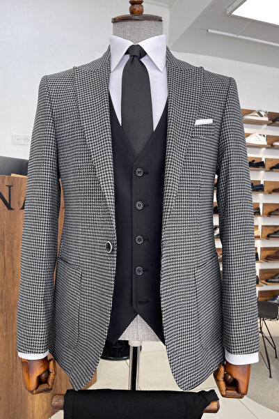 NAZEF Slim Fit Houndstooth Pointed Collar Pocket Pocket Black Wool Coat