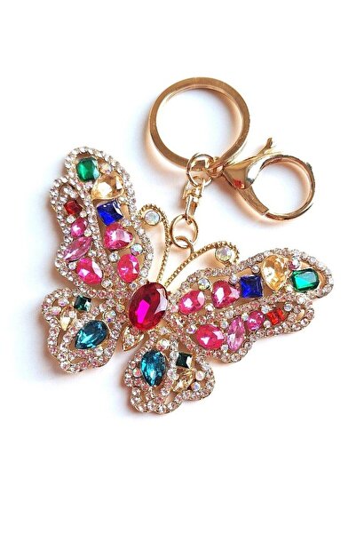Svc Aksesuar Yeni Yıl Hediyesi Lüks Zirkon Taşlı Büyük Boy Renkli Kelebek Anahtarlık - Çanta Süsü 10,5 Cm