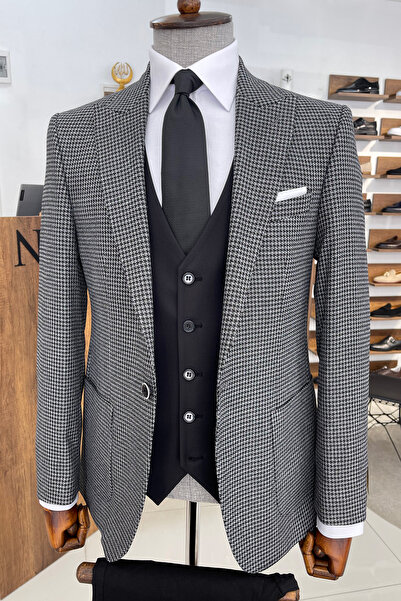 NAZEF Slim Fit Houndstooth Pointed Collar Pocket Pocket Black Wool Coat