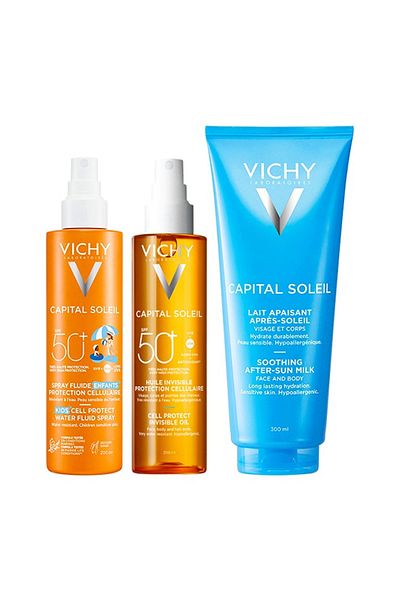 Vichy Capital Soleil Set: Kids' SPF50+ Spray 200ml, Invisible SPF50 Oil 200ml, After Sun Milk 300ml