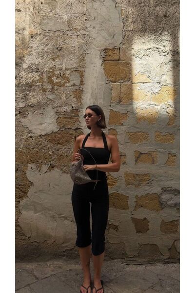 BONNYWILLL Siyah Büstiyer Body Viskon Kumaş Boyundan Askılı Normal Bel Boy SLIM KALIP