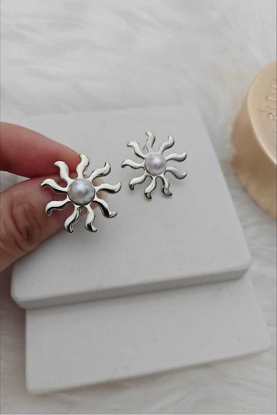 KYOLA DESİGN Pearl Sun Minimalist Silver Color Women's Earrings