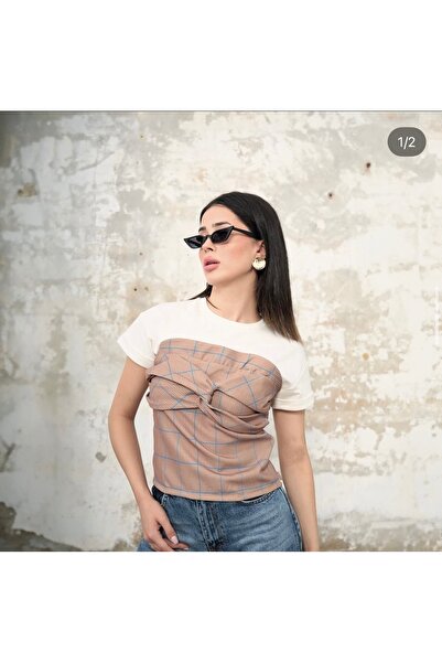 Klein Önü Büzgülü Kareli Beyaz Bluz