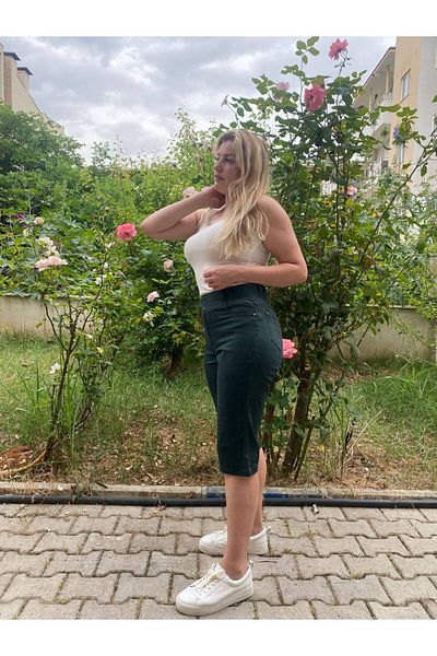 AKŞEN GİYİM Plus Size Full Lycra Elastic Waist Bermuda Cotton Linen Capri