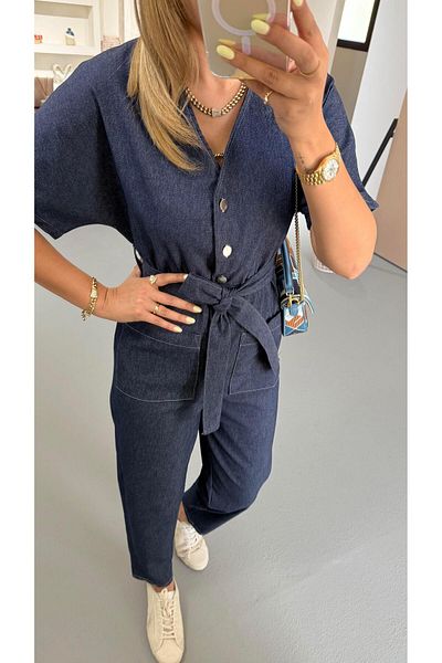 Sezgi Tekin Pocket Detail Waist Elastic Denim Jumpsuit