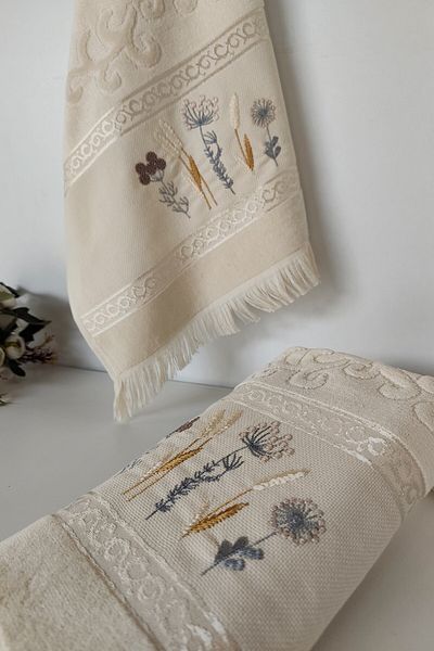 Sevim Set of 2 Embroidered Velvet Hand Towels - 100% Cotton Jacquard & Floral - Cappuccino