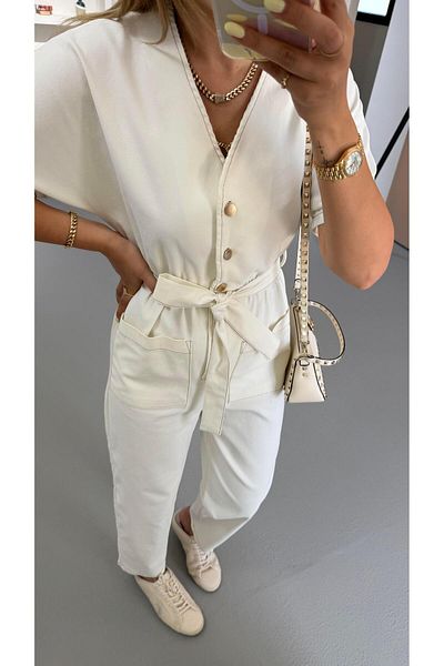 Sezgi Tekin Pocket Detail Waist Elastic Cream Jumpsuit