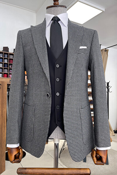 NAZEF Slim Fit Houndstooth Pointed Collar Pocket Pocket Black Wool Coat