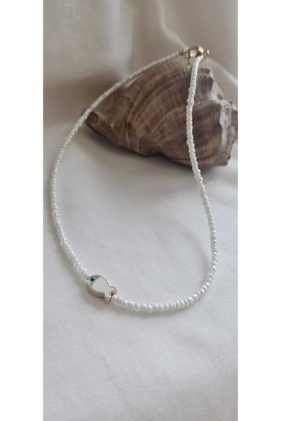 MITH SB TAKI Stainless Steel Fish White Bead Necklace