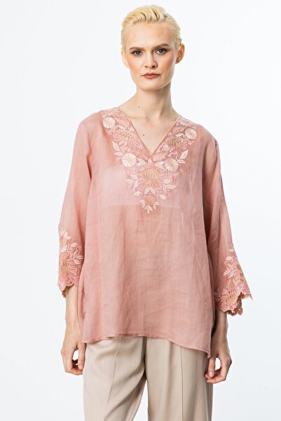 Ekol Nakış Detaylı Keten Bluz