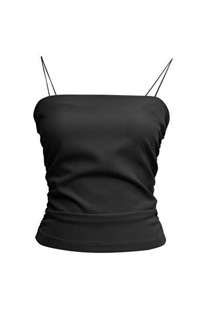 Keikei Siyah krep kolsuz kısa crop top