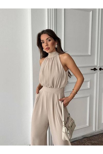 MAXMOOR Women's Burgundy Halter Neck Long Waist Jumpsuit