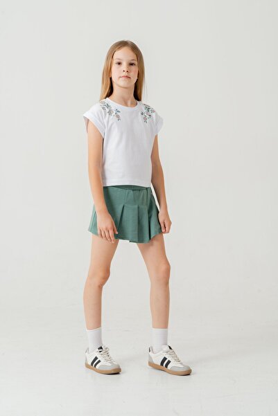 Mışıl Kids Комплект тениска с плисирани бродирани къси панталони за момичета