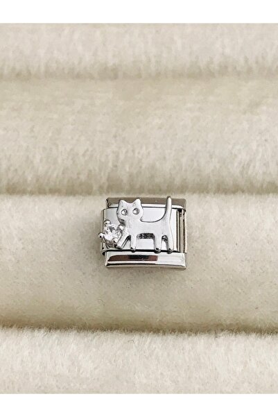 Mercan Aksesuar Gümüş Renk Taşlı Kedi 9 Mm Paslanmaz Çelik Italyan Bileklik C...