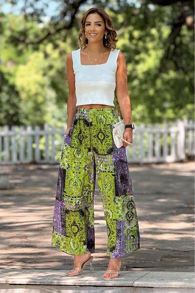 Nevin Kaya Moda Italian Green Amber Patterned 100% Cotton Viscose Trousers
