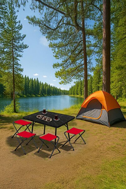Exent 45X60 cm Kamp Sehpası + 4 Adet KIRMIZI Tabure Piknik,bahçe balkon sehpa...