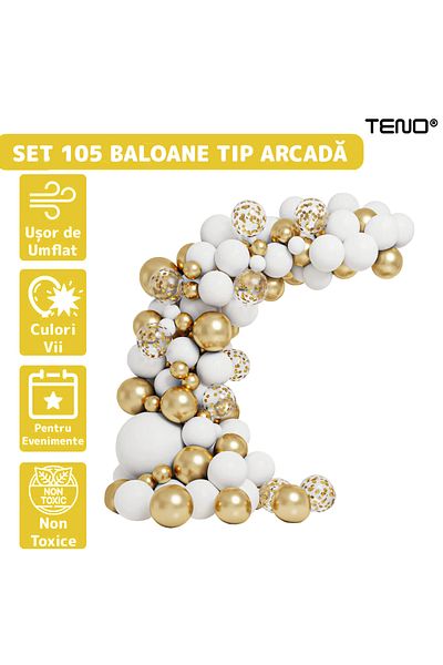 Teno Set of 105 Teno® Balloons, Arch Type, latex, white/gold