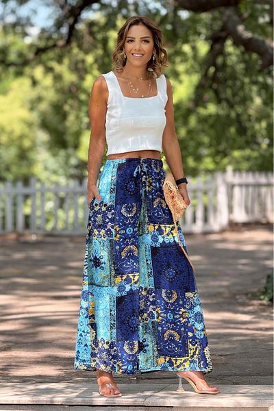 Nevin Kaya Moda Italian Blue Amber Patterned 100% Cotton Viscose Trousers
