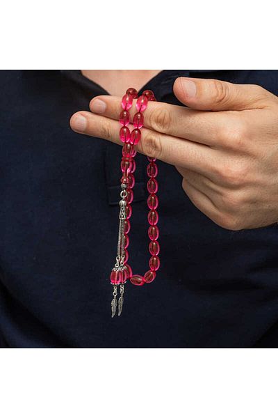 aysugün Silver Tasseled Pink Fire Amber Prayer Beads